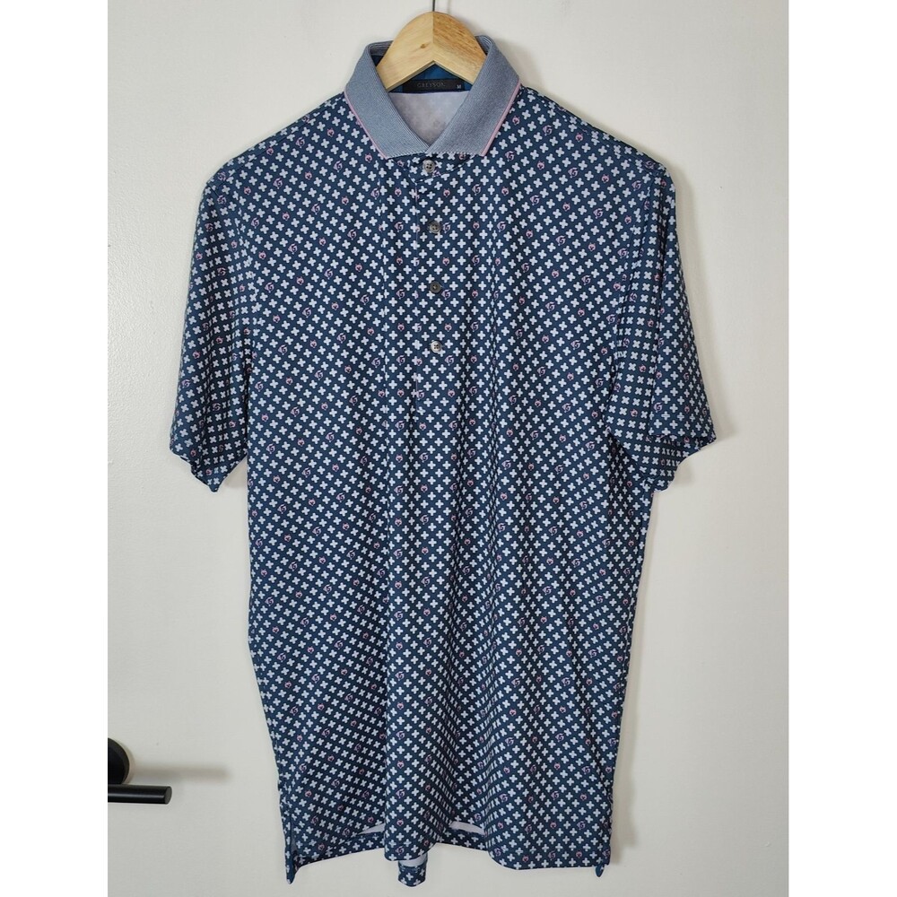 Greyson Polo Shirt Mens Medium Blue All Over Print Wolf Cross Performance Golf